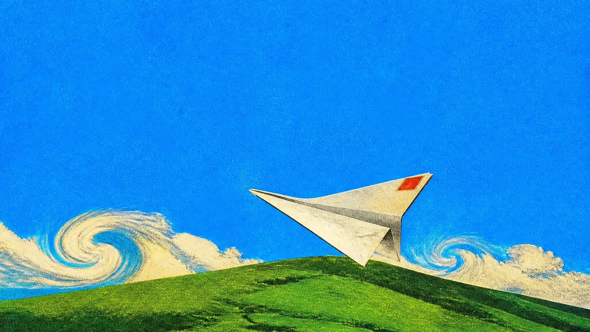 A giant paper-aeroplane envelope turning back over a green hill