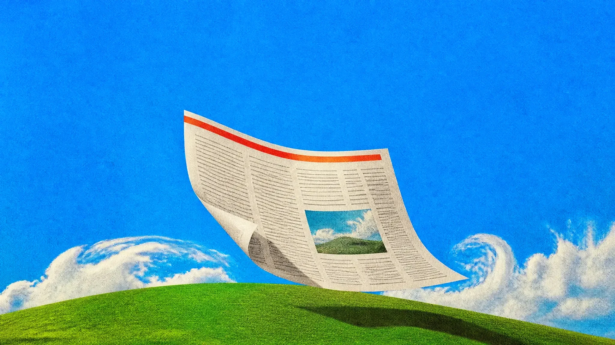 A giant folded newsletter drifting above a green hill
