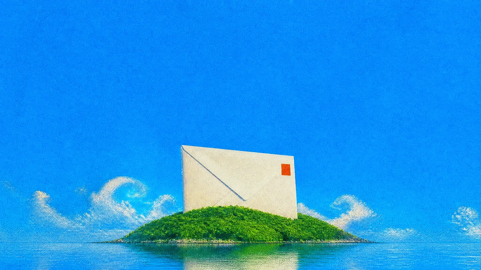 A giant envelope standing on a small island in a calm sea