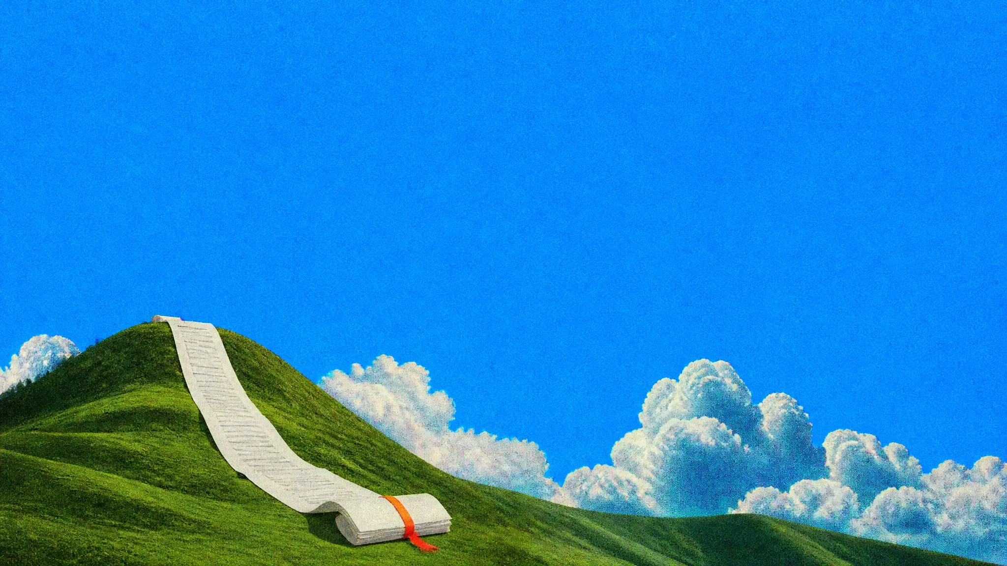 A giant paper scroll unrolled down a green hill, gathering into one short card