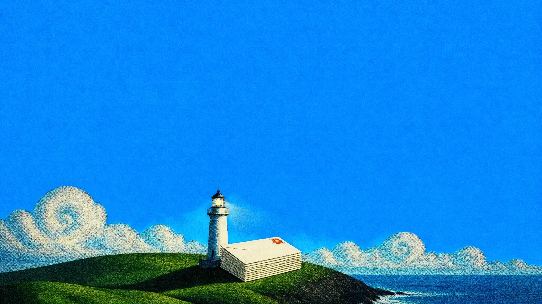 A white lighthouse beside a neat stack of envelopes on a green headland