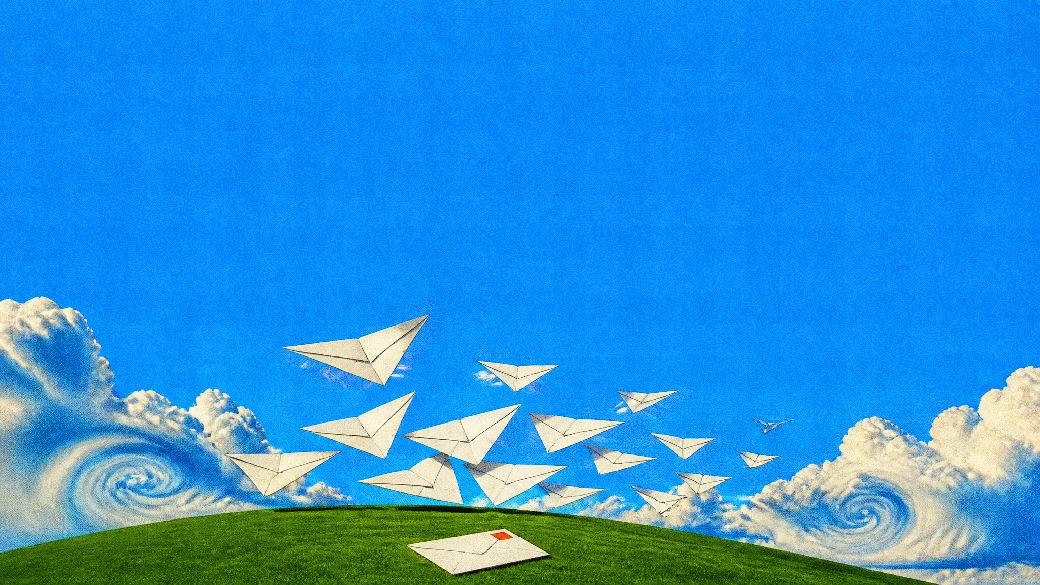 Envelopes on a green hill lifting away as white birds, one staying behind