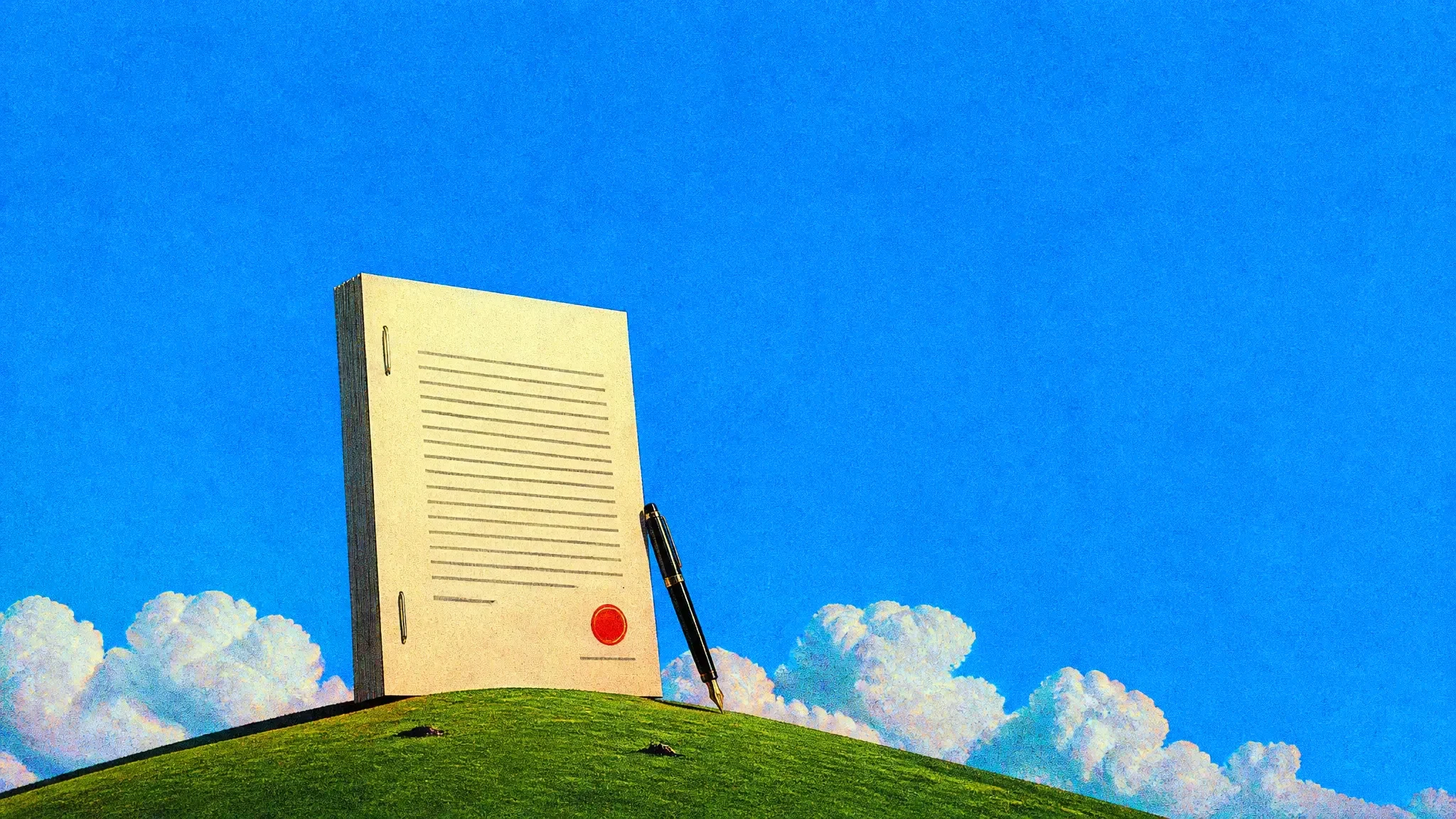 A giant stapled contract with a fountain pen on a green hill