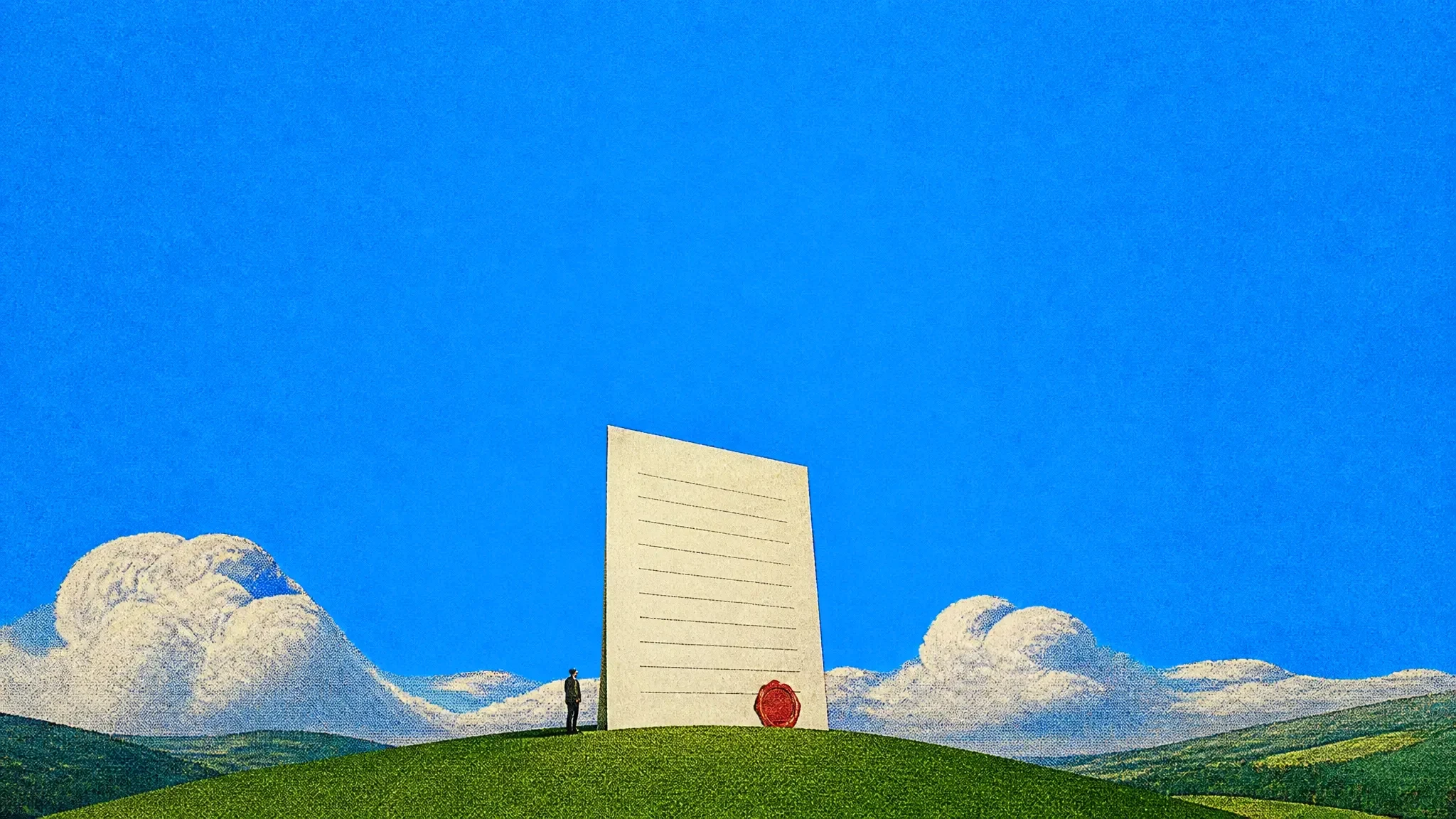 A giant cream letter with a red wax seal standing on a green hill