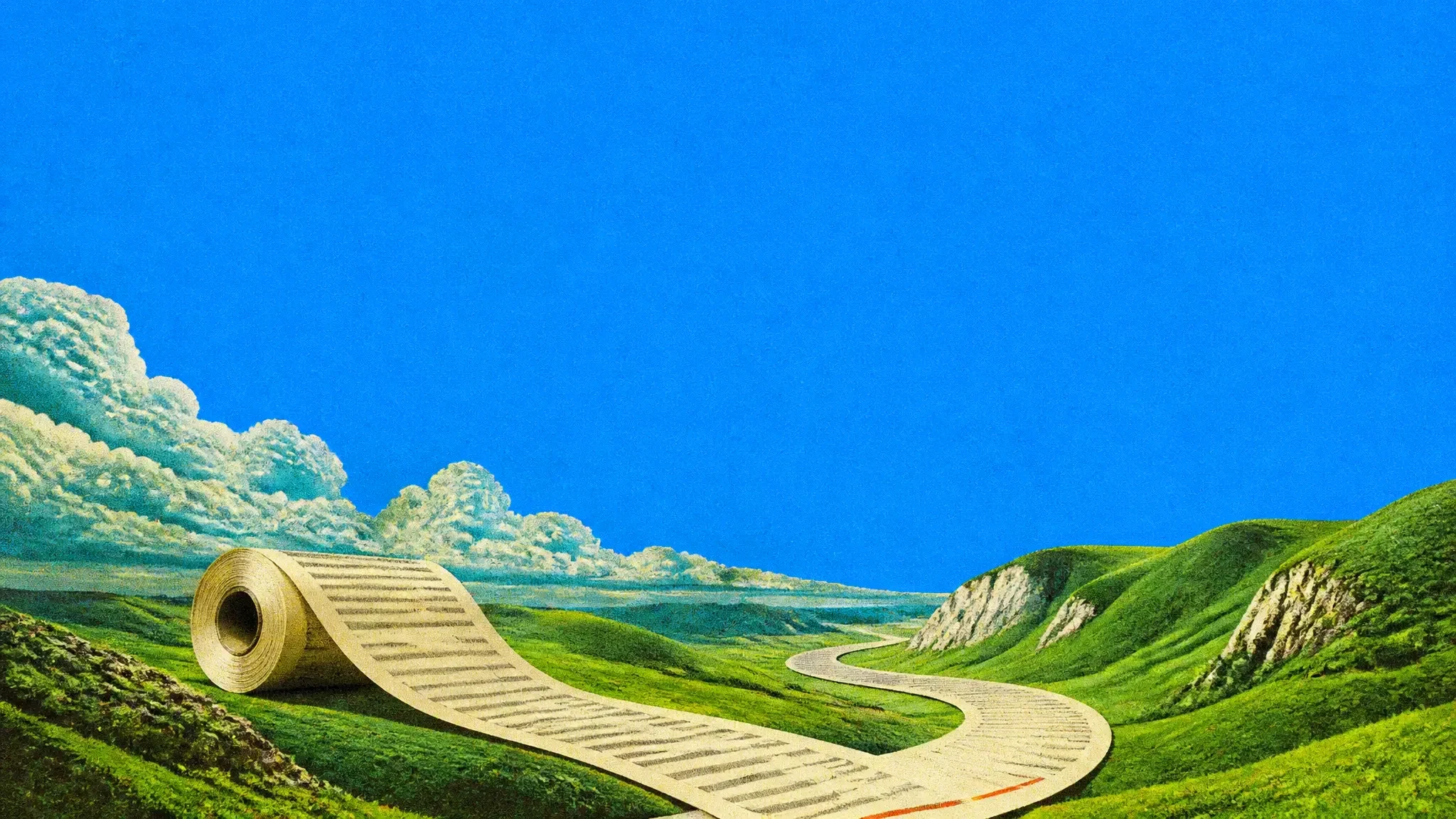 A long ribbon of invoice paper unrolling across a green valley