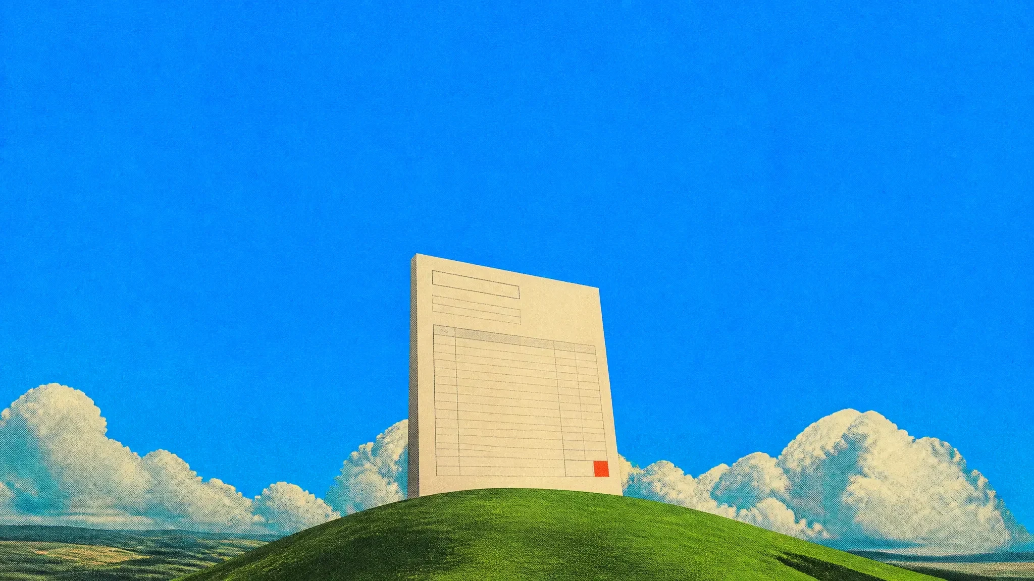 A giant cream invoice sheet standing on a green hill