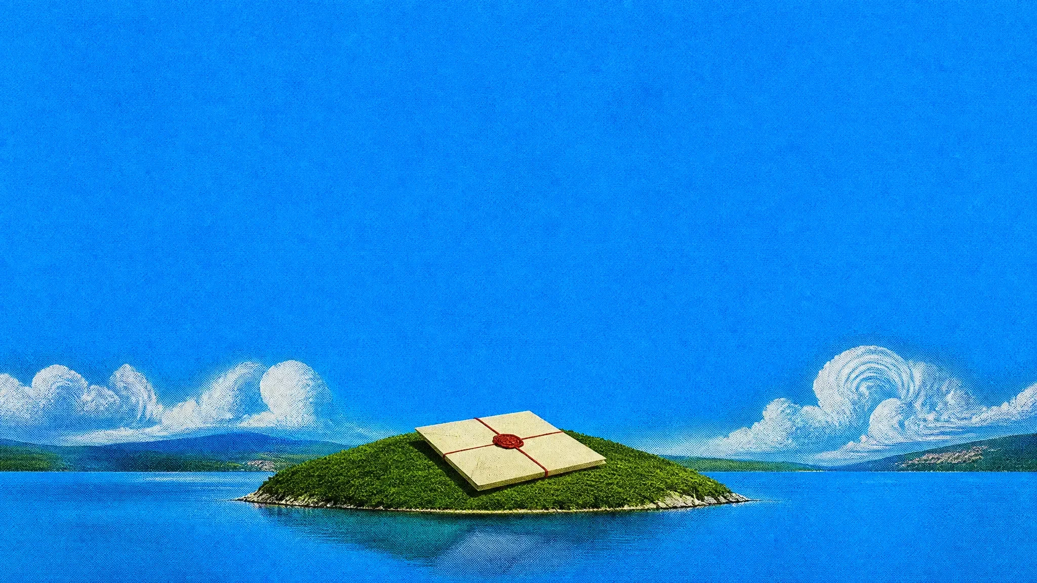 A sealed folder on a tiny island in a still blue lake