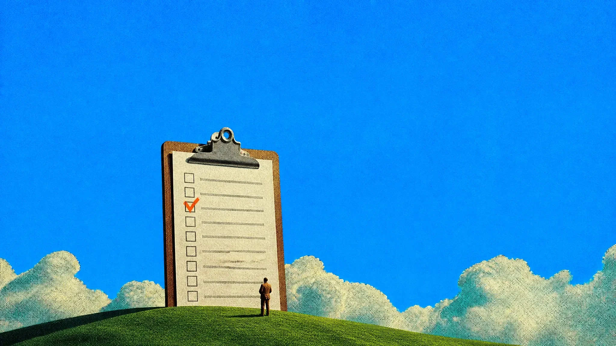 A giant clipboard checklist standing on a green hill