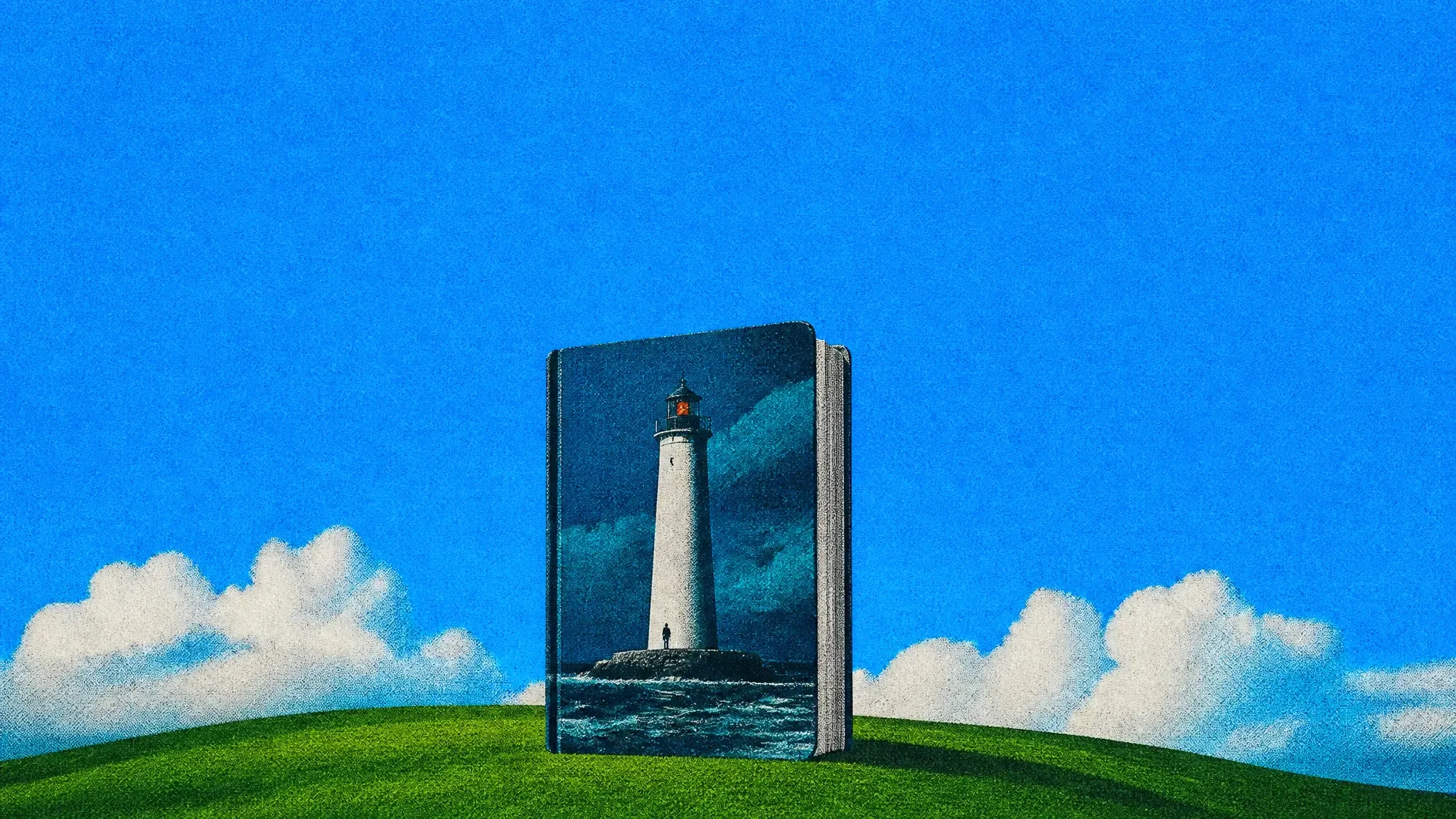 A giant hardback book with a lighthouse cover standing on a green hill