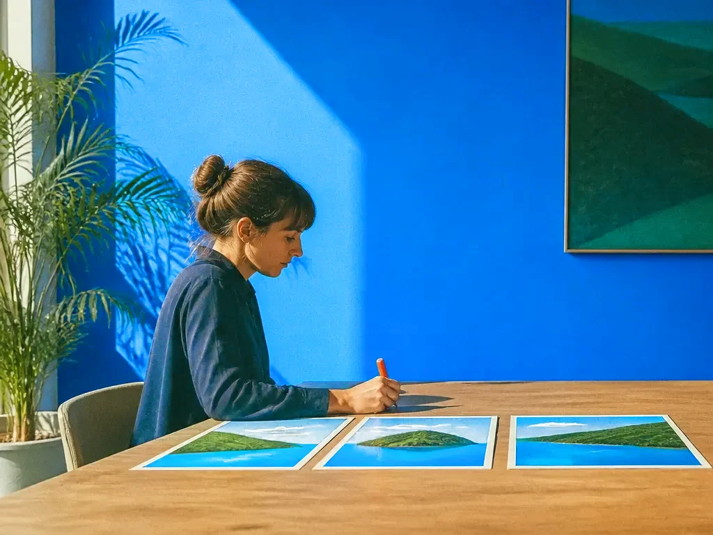 An editor comparing three cover proofs