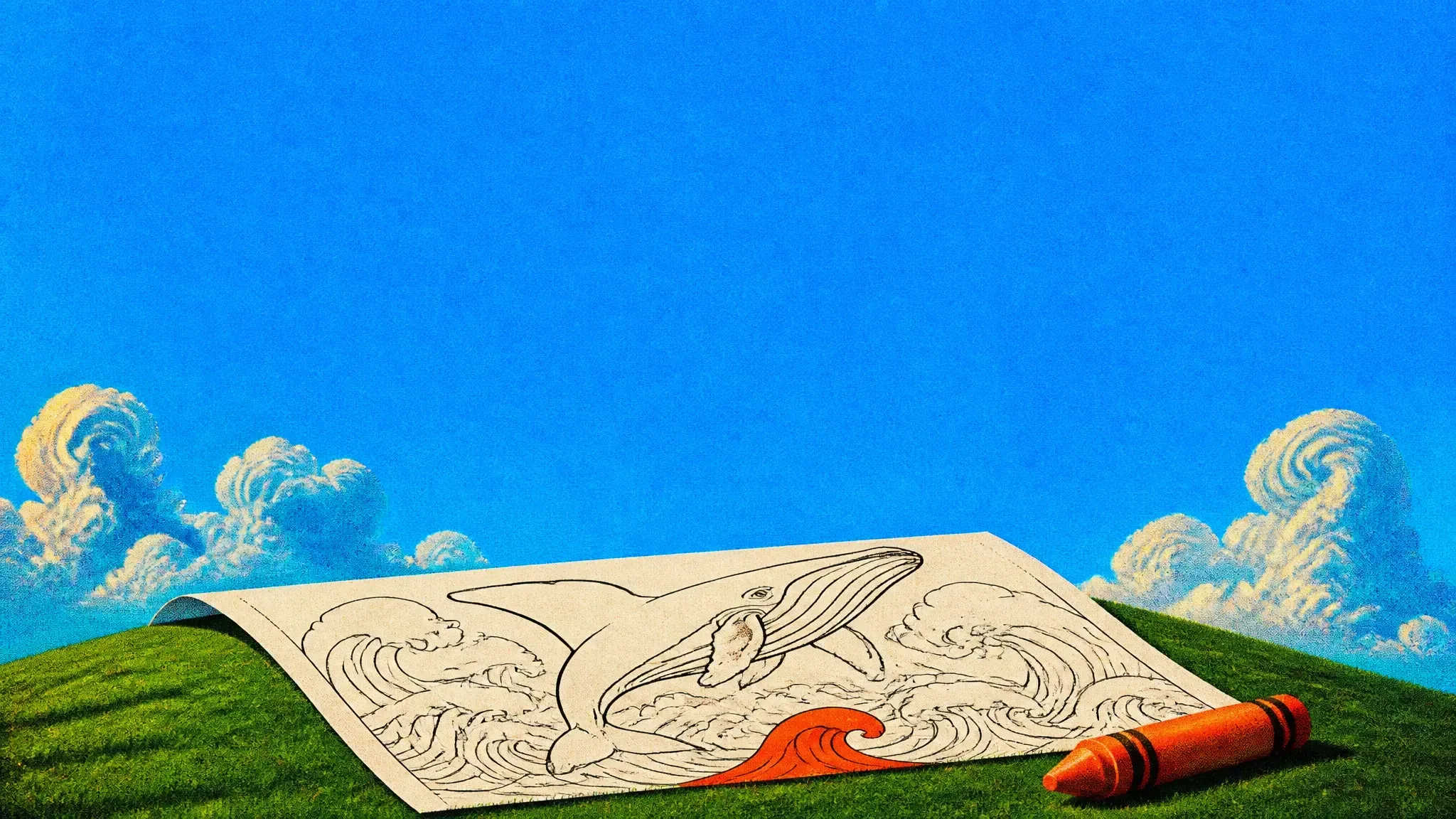 A giant coloring page of a whale lying on a green hill with a crayon