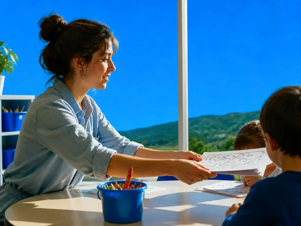 A teacher handing out coloring pages