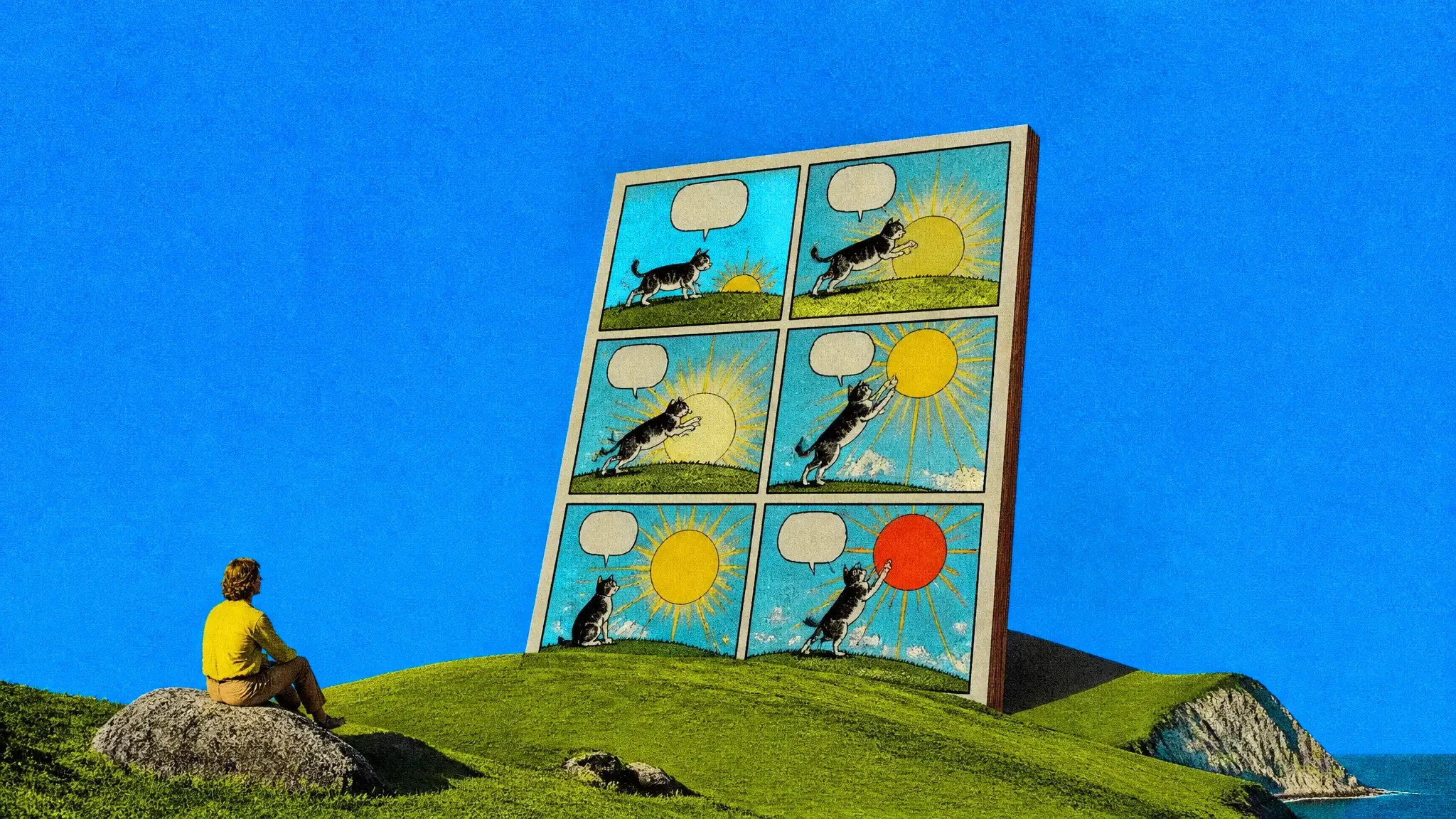 A giant comic page of six panels standing on a green hill