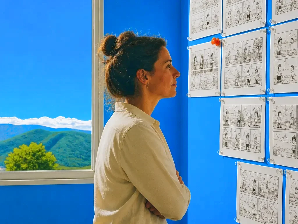 A teacher beside a wall of comic strips