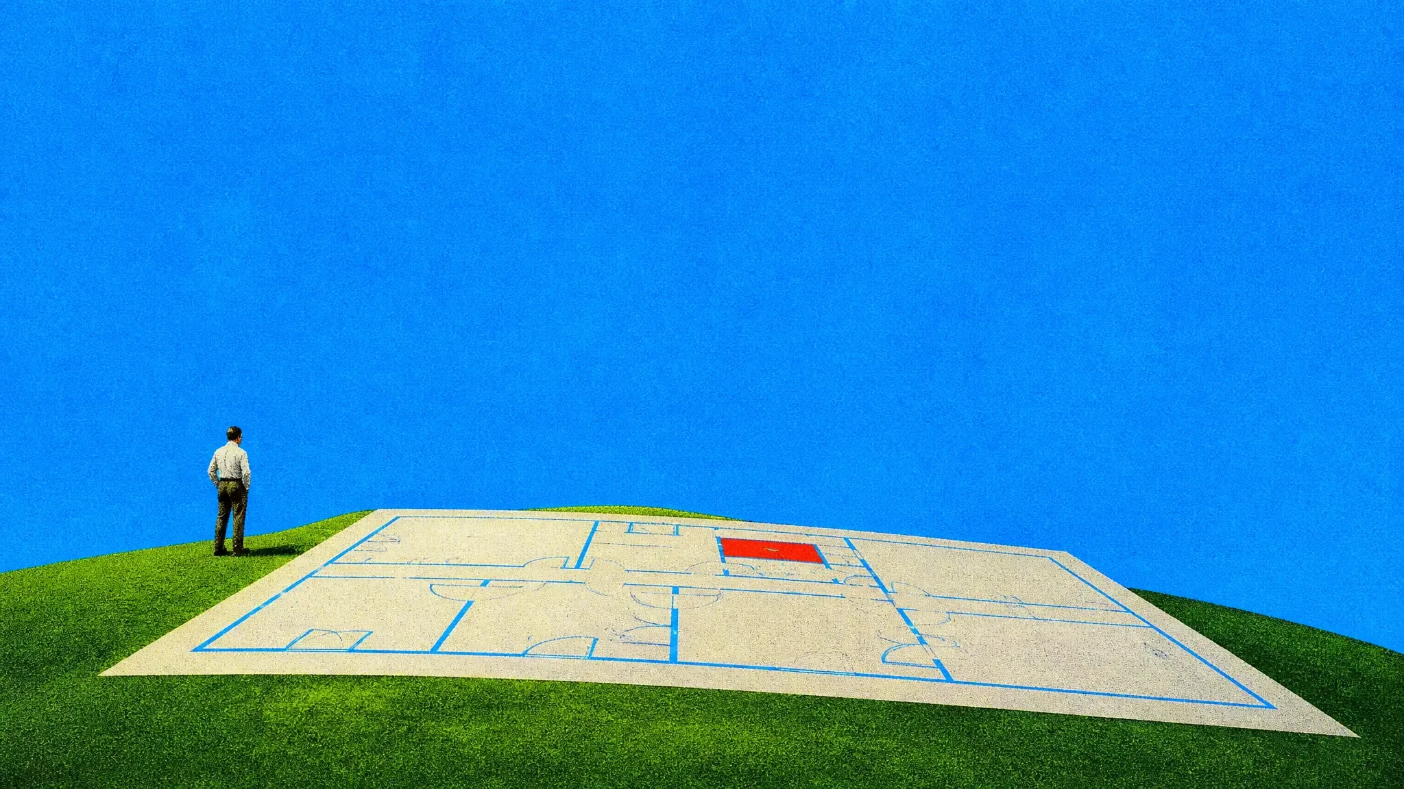 A giant floor plan sheet lying across a green hill
