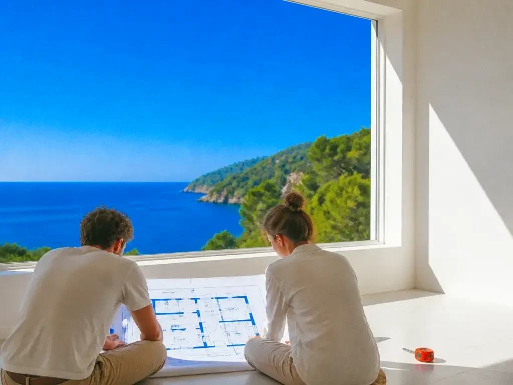 A couple unrolling a floor plan in an empty room
