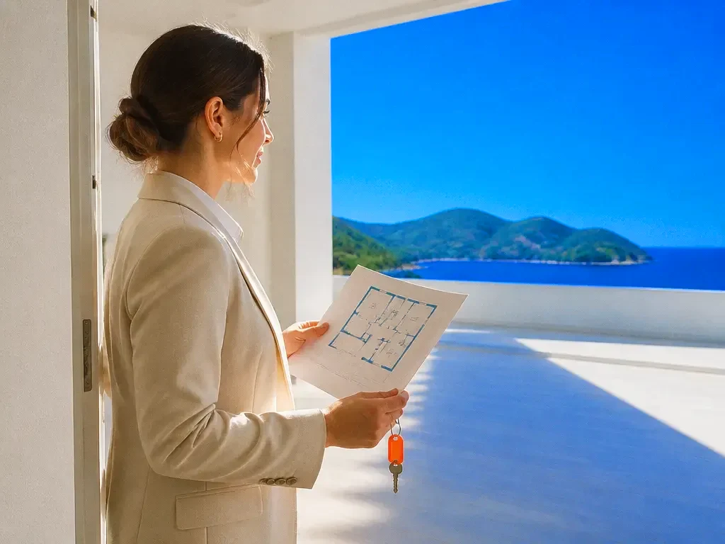 An estate agent holding a floor plan in a doorway