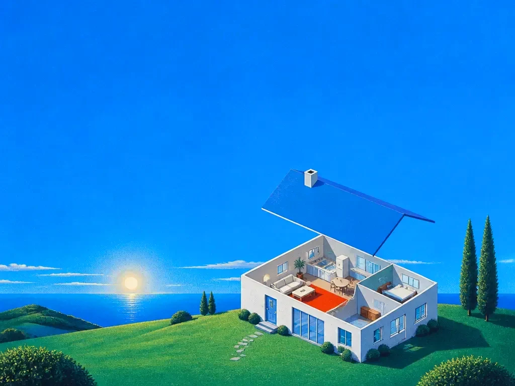 A house with its roof lifted to show the layout