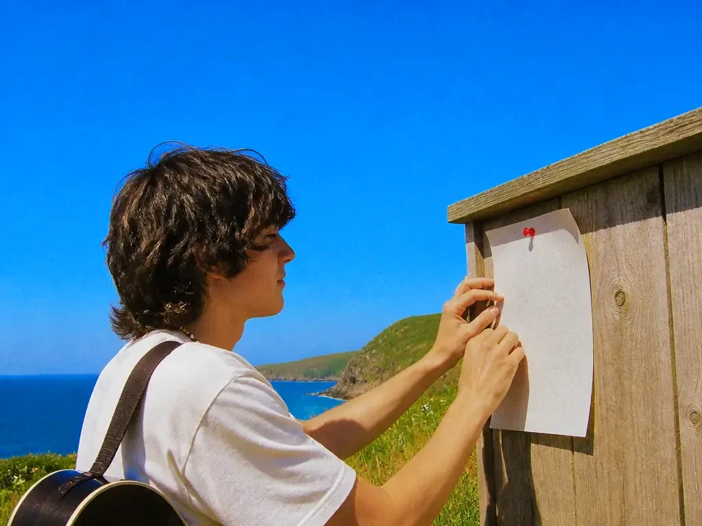 A musician pinning a gig flyer to a noticeboard