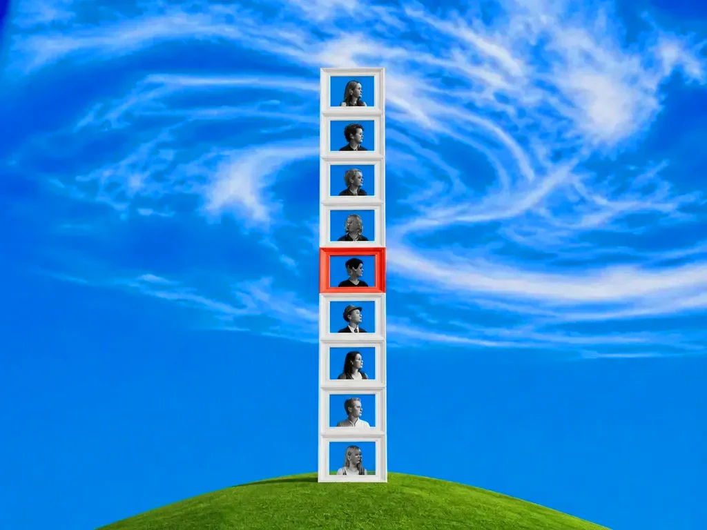 A stack of matching portrait frames on a hill
