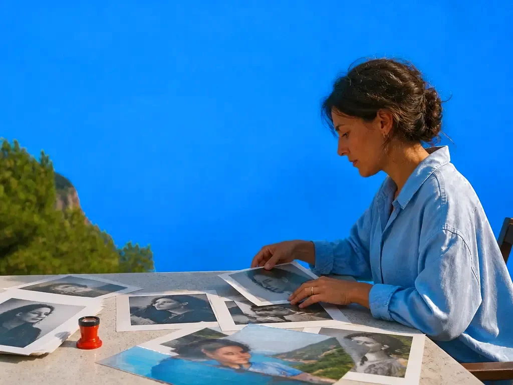 An author sorting her portrait prints