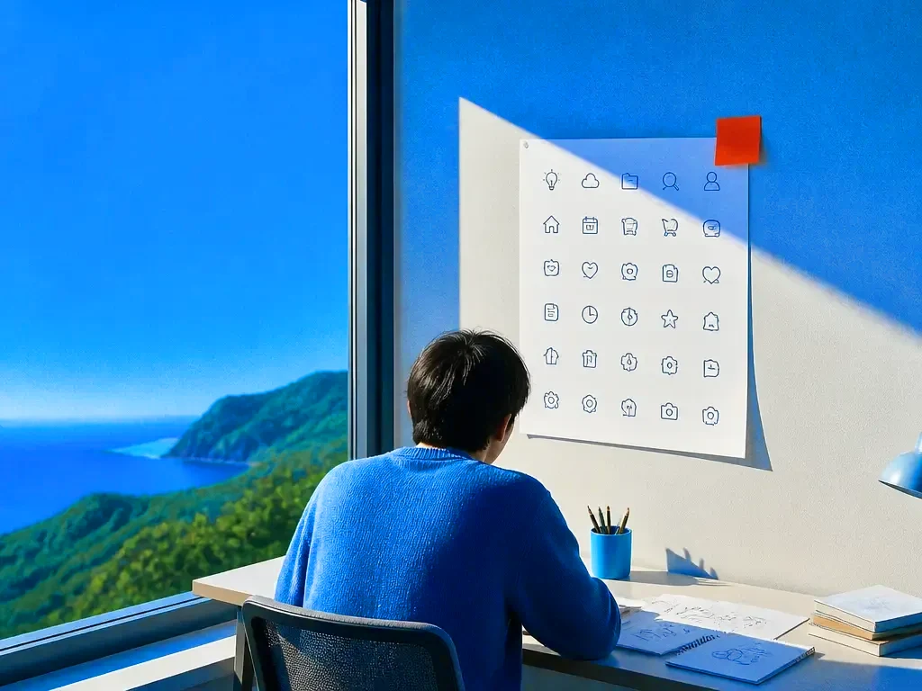 A designer with a sheet of matching icons
