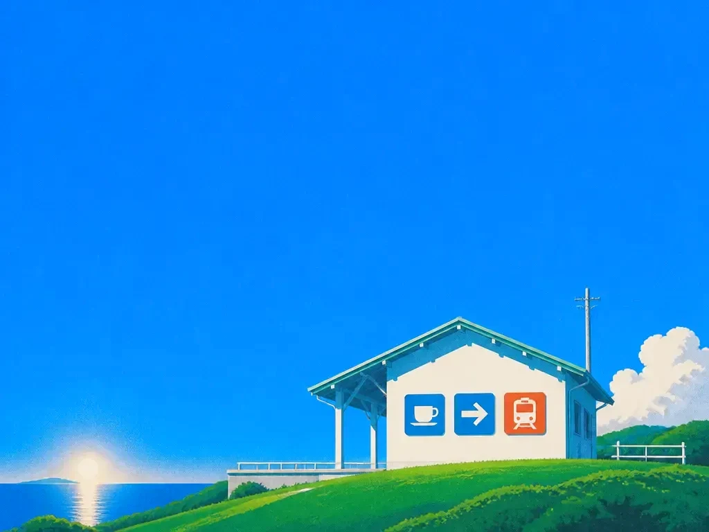 A station with a row of pictogram signs