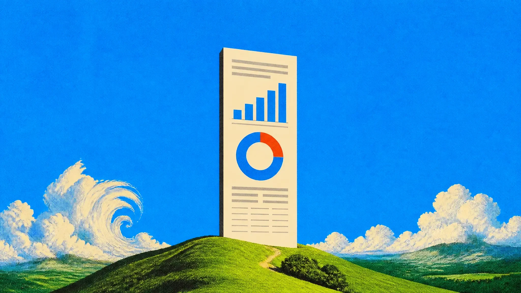 A giant infographic poster standing on a green hill