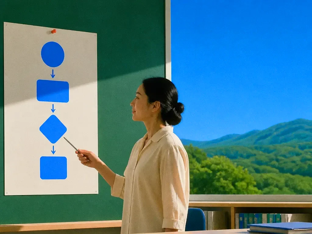 A teacher beside a process poster
