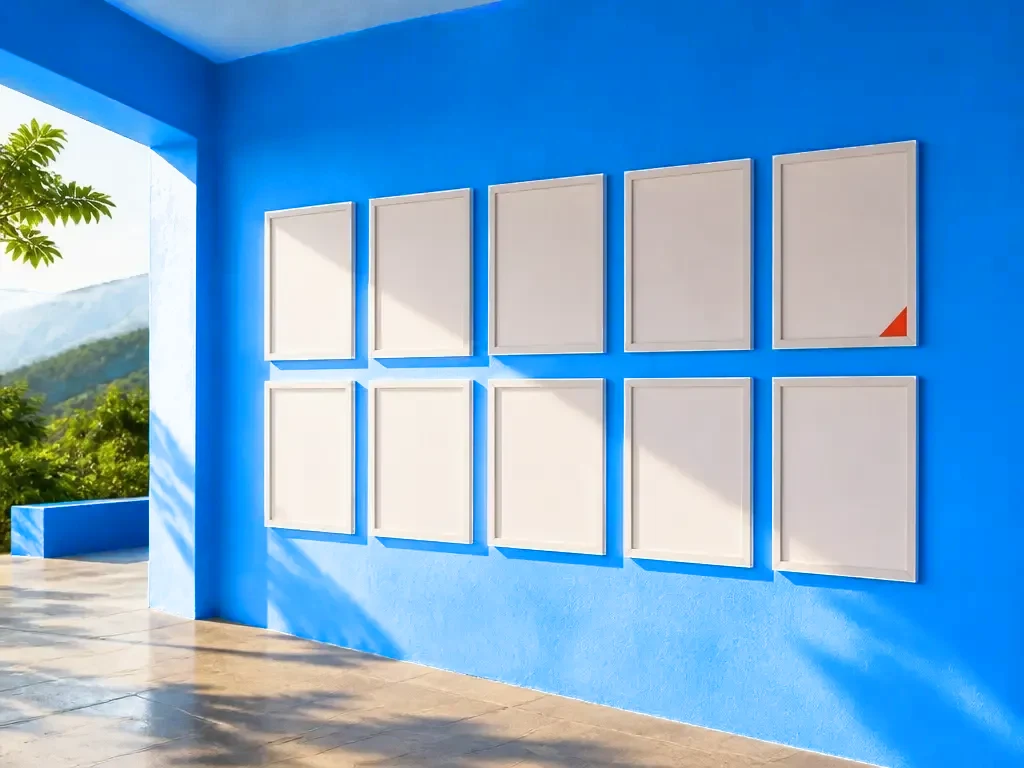 A grid of matching portrait frames on a blue wall
