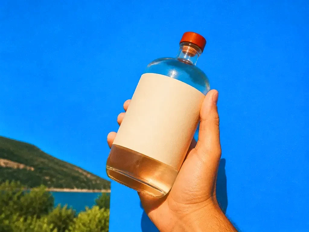 A hand turning a labelled bottle in the sun