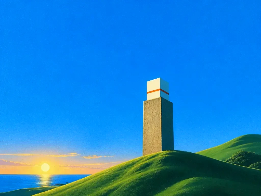 A product box on a plinth on a green hill