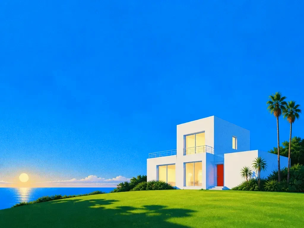 A clean white house under a clear blue sky