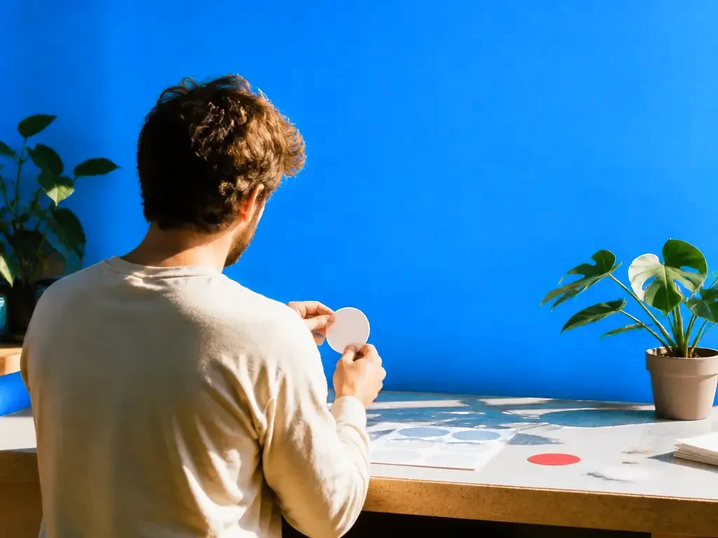 A maker peeling a sticker at a workbench