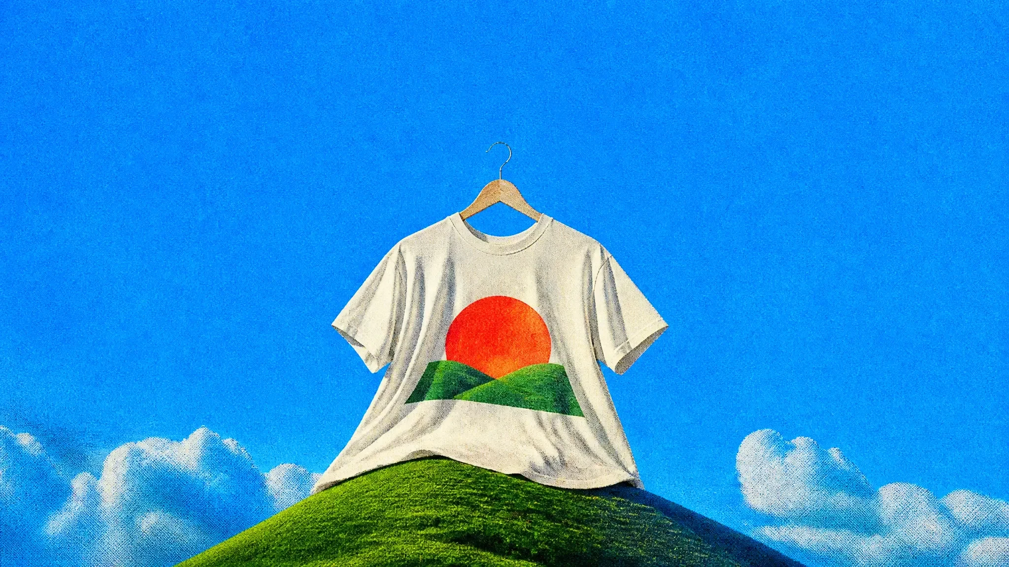 A giant white t-shirt with a bold sunset print hanging above a green hill