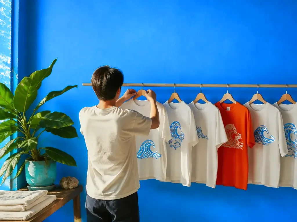 A shop owner hanging a new drop of t-shirts
