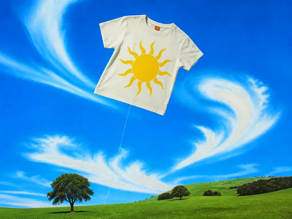 A printed t-shirt floating above a meadow