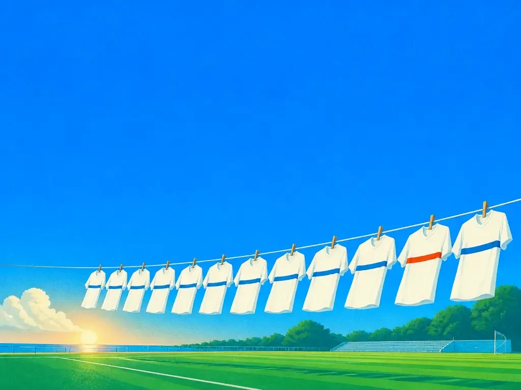 Team jerseys on a line across a sports field