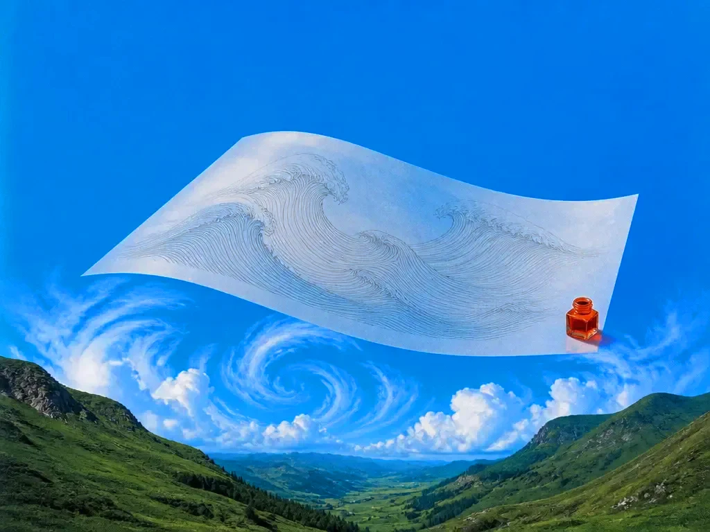 A tracing of a wave design above a valley
