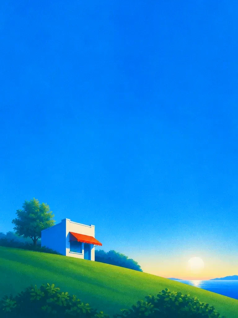 A small white bakery with a vermilion awning alone on a green hill at dawn under a deep cobalt sky