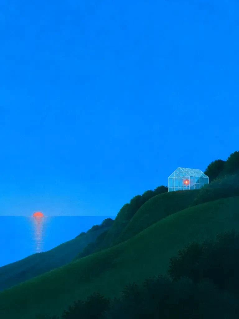 A tiny white greenhouse glowing on a dark green hillside under a deep cobalt night sky, one vermilion lamp inside