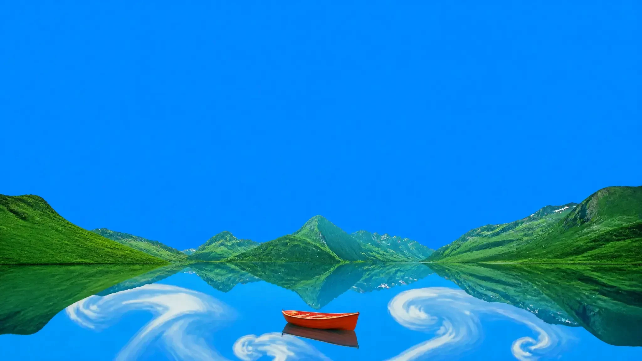 A small red rowboat on a mirror lake reflecting swirling clouds