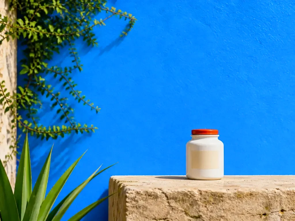 A white jar on a plinth against a blue wall