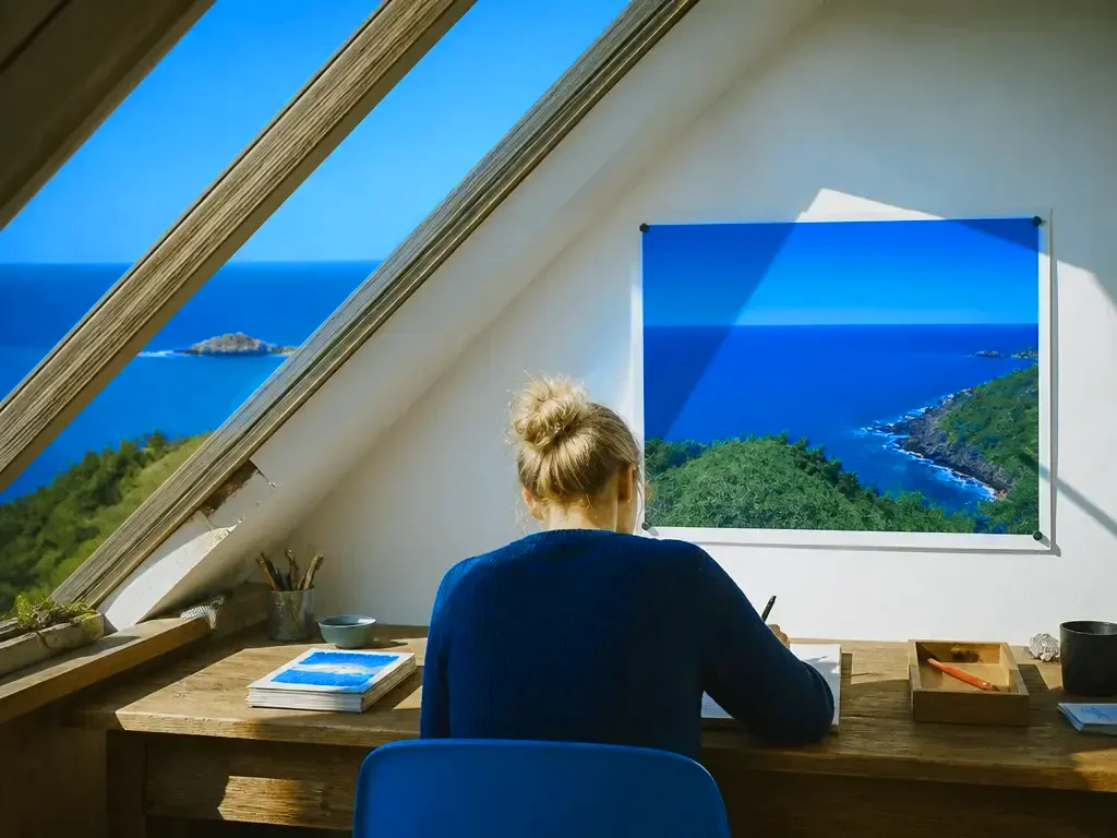 A writer at a desk under a pinned sea photograph