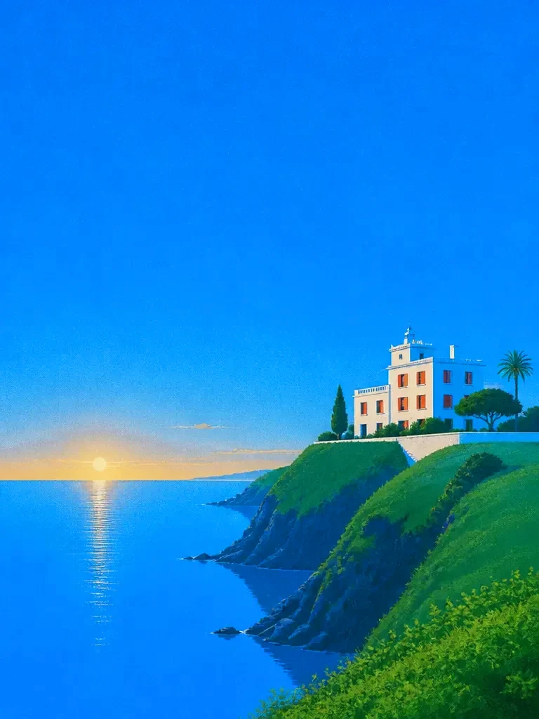 A lone white seaside hotel with vermilion shutters on a green cliff above a still cobalt sea