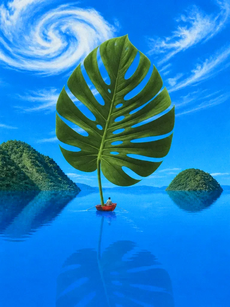 A single giant monstera leaf rising from a still cobalt lake like a sail, a tiny vermilion rowboat passing beneath it