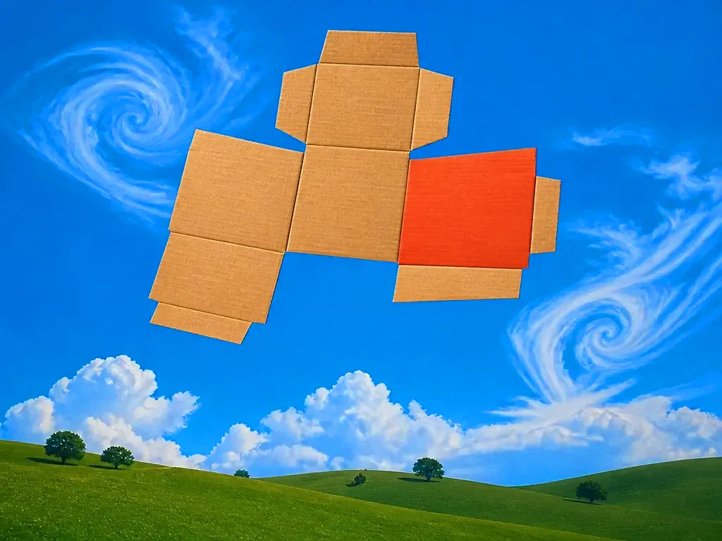 A box unfolding into its flat pattern above a meadow