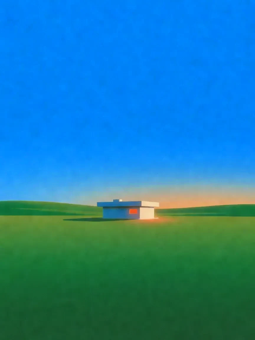 A single white roadside diner alone on a vast green plain at dusk, one small vermilion lit window, deep cobalt sky