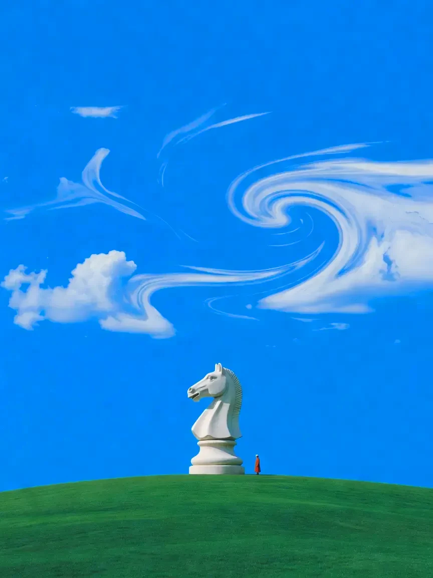 A single white chess knight at monumental scale standing on a green hill beneath swirling cobalt clouds, a tiny vermilion figure at its base