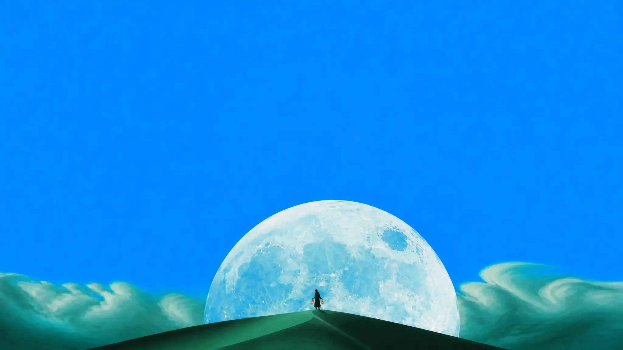 An enormous moon rising behind a dune with a tiny figure holding a lantern